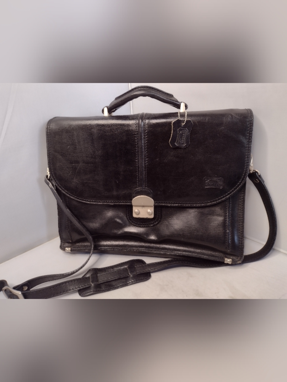 Amiet Leopard Black Leather Briefcase Portfolio File Folder Document